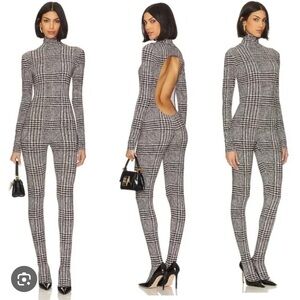 Norma Kamali Long Sleeve Open Back Plaid Jumpsuit